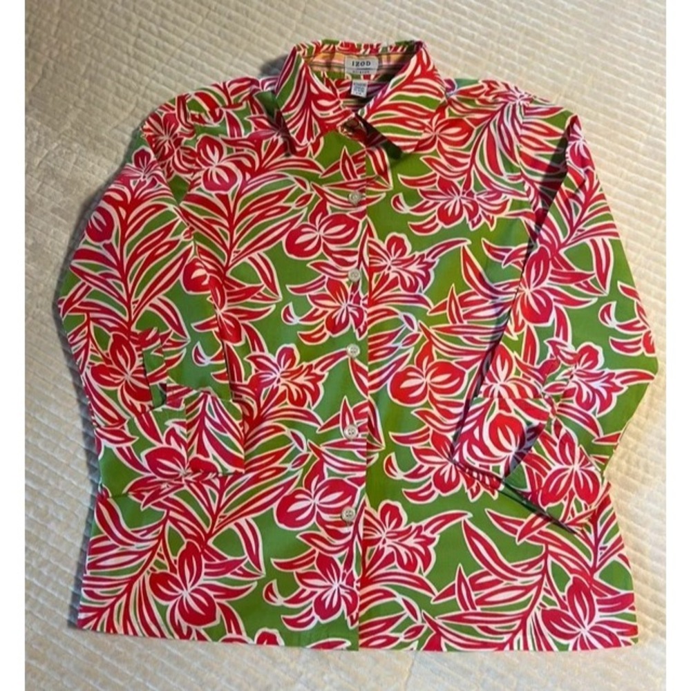 Izod Womens Shirt Sz L Cotton Blend Stretch Pink Green Floral Tropical cuff deta